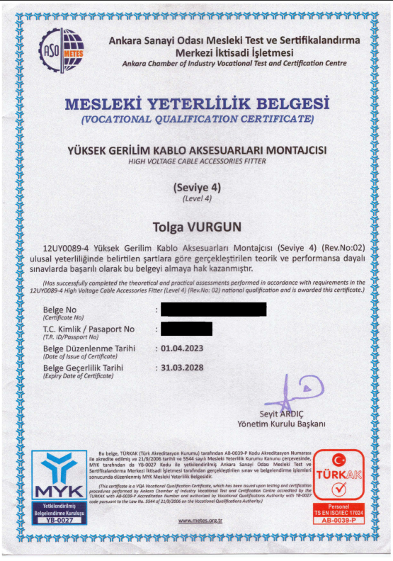 Yüksek Gerilim Kablo Aksesuarları Montajcısı (Kablo Başlığı Sertifikası)