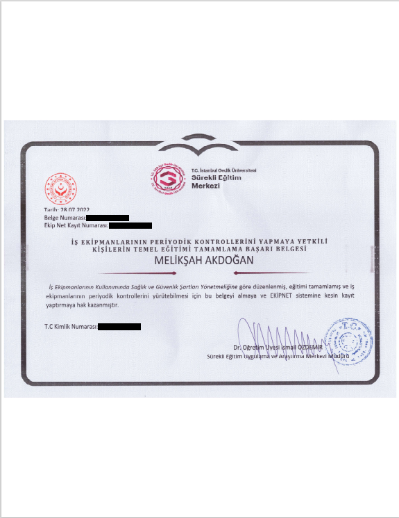 Ekipnet (İş Ekipmanlarının Periyodik Kontrollerini Yapmaya Yetkili Kişilerin Temel Eğitimini Tamamlama Başarı Belgesi)
